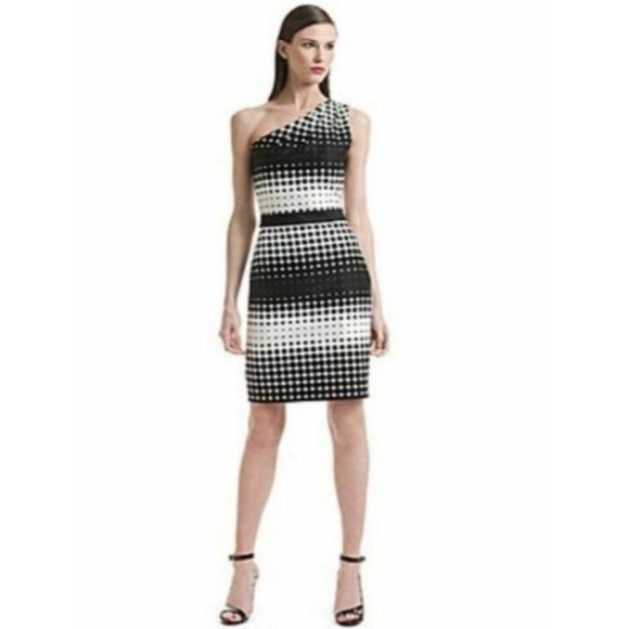 Belle Badgley Mischka New Size 6 Polka Dot Black and White One Shoulder Dress - Picture 1 of 9